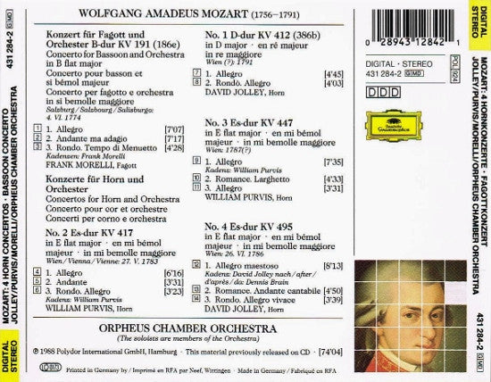Wolfgang Amadeus Mozart - David Jolley / William Purvis / Frank Morelli / Orpheus Chamber Orchestra : 4 Hornkonzerte / Fagottkonzert (CD, RE)