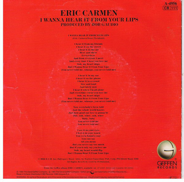 Eric Carmen : I Wanna Hear It From Your Lips (7", Single)