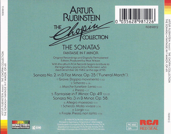 Frédéric Chopin, Arthur Rubinstein : The Chopin Collection: The Sonatas - Fantaisie In F Minor, Op. 49. (CD, Comp, RE, RM)