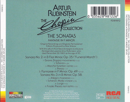 Frédéric Chopin, Arthur Rubinstein : The Chopin Collection: The Sonatas - Fantaisie In F Minor, Op. 49. (CD, Comp, RE, RM)