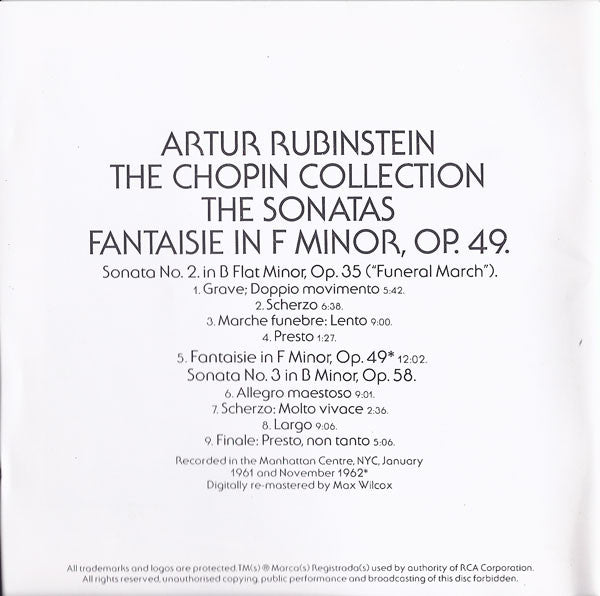 Frédéric Chopin, Arthur Rubinstein : The Chopin Collection: The Sonatas - Fantaisie In F Minor, Op. 49. (CD, Comp, RE, RM)