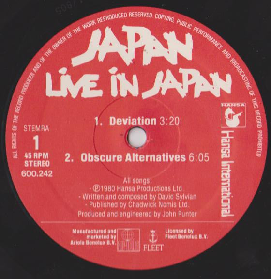 Japan : Live In Japan (12", EP, Son)