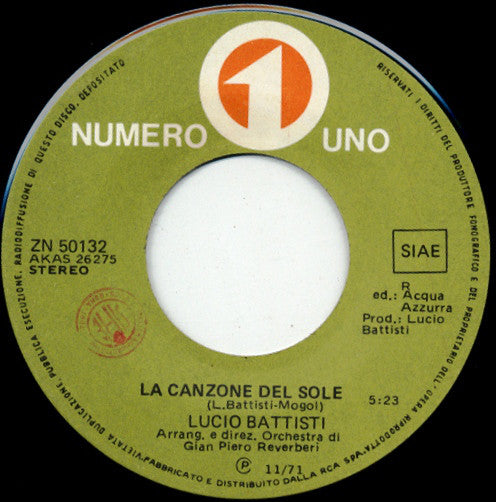 Lucio Battisti : La Canzone Del Sole / Anche Per Te (7", Mat)