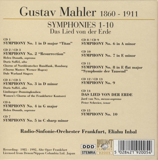 Gustav Mahler - Radio-Sinfonie-Orchester Frankfurt, Eliahu Inbal : Symphonies 1-10 / Das Lied Von Der Erde (15xCD, RE + Box, Comp)