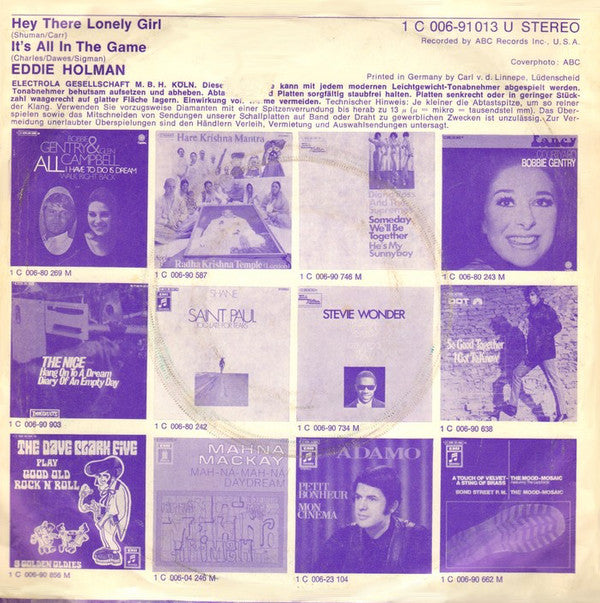 Eddie Holman : Hey There Lonely Girl / It's All In The Game (7", Single)
