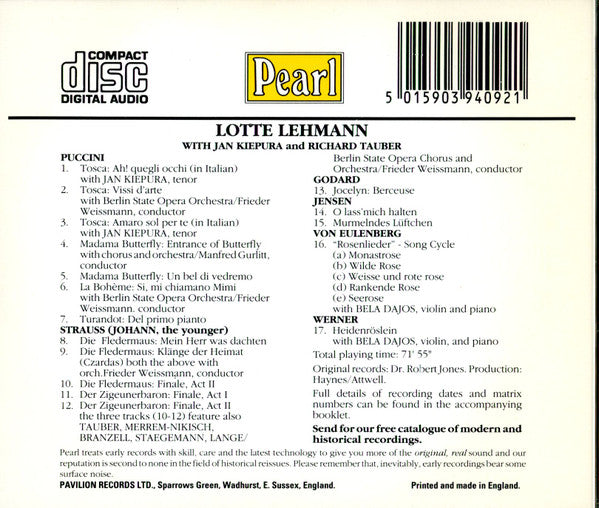 Lotte Lehmann With Jan Kiepura And Richard Tauber : Lotte Lehmann (CD, Mono)