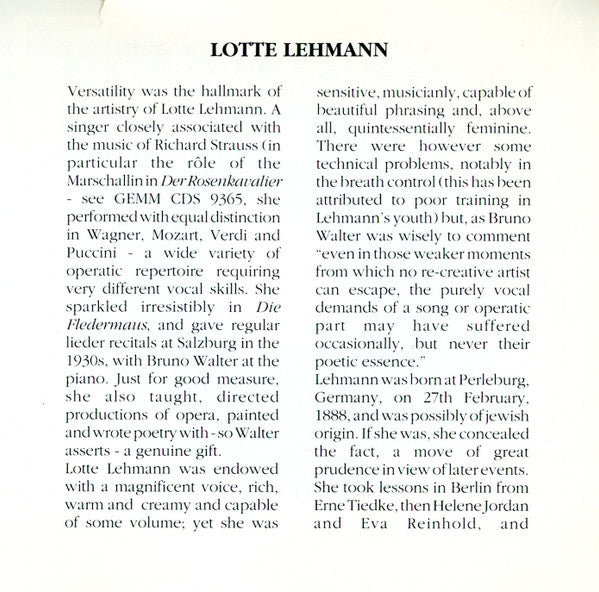 Lotte Lehmann With Jan Kiepura And Richard Tauber : Lotte Lehmann (CD, Mono)