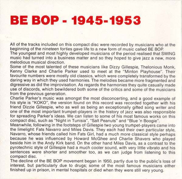 Various : Be Bop - 1945-1953 (CD, Comp)