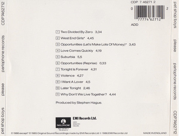 Pet Shop Boys : Please (CD, Album, Nim)
