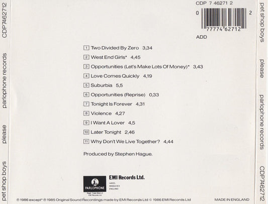 Pet Shop Boys : Please (CD, Album, Nim)