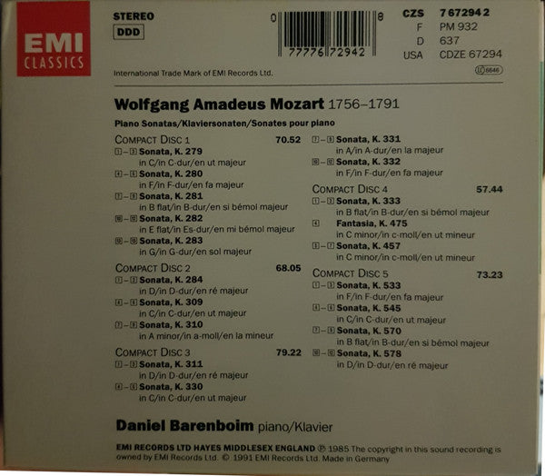 Wolfgang Amadeus Mozart, Daniel Barenboim : Die Klaviersonaten = The Piano Sonatas = Les Sonates Pour Piano (5xCD, Album, Comp)
