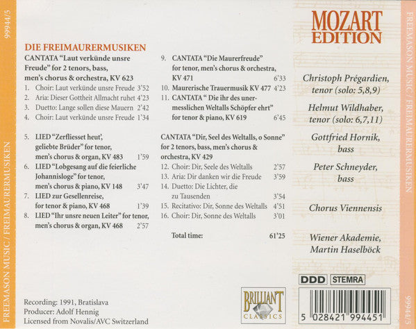 Wolfgang Amadeus Mozart : Freemason Music = Freimaurermusiken  (CD)