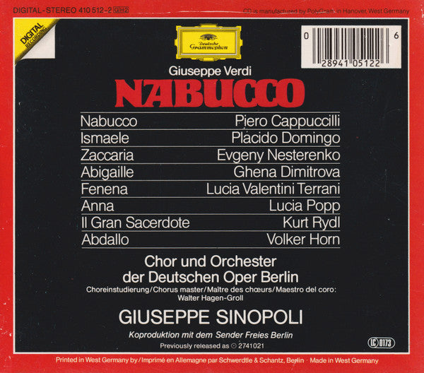 Giuseppe Verdi - Piero Cappuccilli, Placido Domingo, Evgeny Nesterenko, Ghena Dimitrova, Lucia Valentini Terrani, Chor der Deutschen Oper Berlin & Orchester Der Deutschen Oper Berlin, Giuseppe Sinopoli : Nabucco (2xCD, Album + Box)