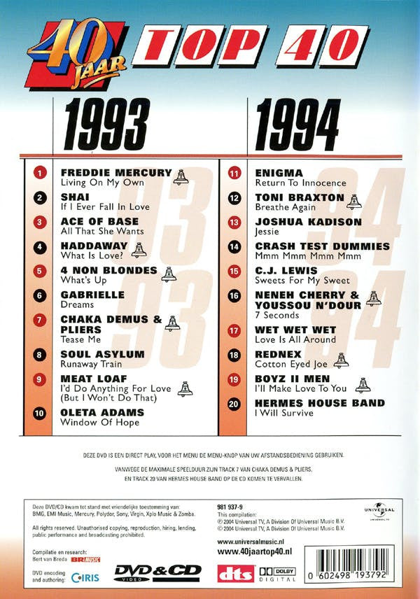 Various : 40 Jaar Top 40 - 1993-1994 (CD, Comp + DVD-V, Comp, PAL)