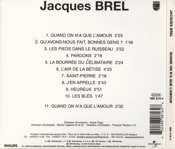 Jacques Brel Avec Les Orchestres André Popp Et Son Orchestre et Michel Legrand Et Son Orchestre : Quand On N'a Que L'amour (CD, RE, RM)