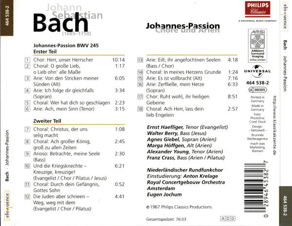 Johann Sebastian Bach · Agnes Giebel · Marga Höffgen · Ernst Haefliger · Walter Berry · Groot Omroepkoor · Concertgebouworkest : Johannes-Passion (Chöre Und Arien) (CD, Comp, RE)