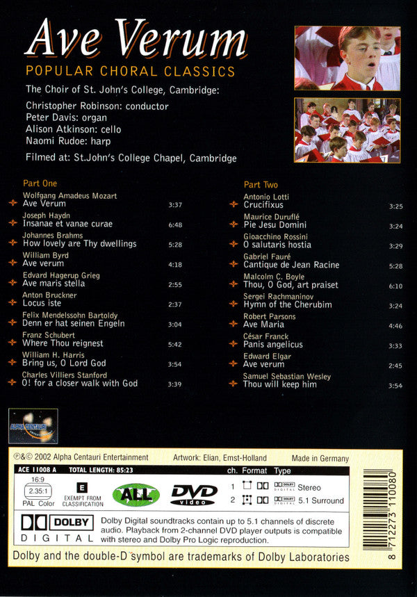 St. John's College Choir . Christopher Robinson : Ave Verum - Popular Choral Classics (DVD, Multichannel, PAL)