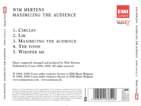 Wim Mertens : Maximizing The Audience (CD, Album, RE)