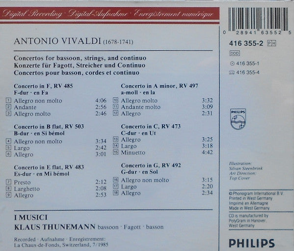 Antonio Vivaldi, I Musici, Klaus Thunemann : 6 Bassoon Concertos = Fagottkonzerte (CD, Album)