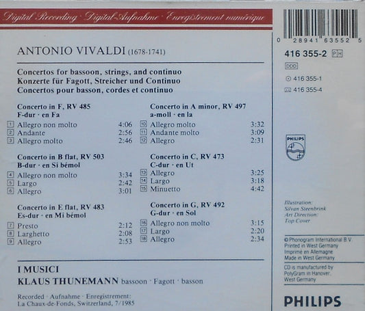 Antonio Vivaldi, I Musici, Klaus Thunemann : 6 Bassoon Concertos = Fagottkonzerte (CD, Album)