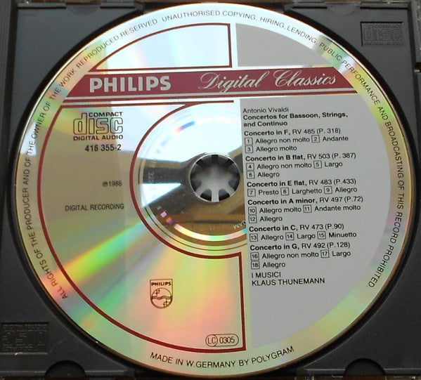 Antonio Vivaldi, I Musici, Klaus Thunemann : 6 Bassoon Concertos = Fagottkonzerte (CD, Album)