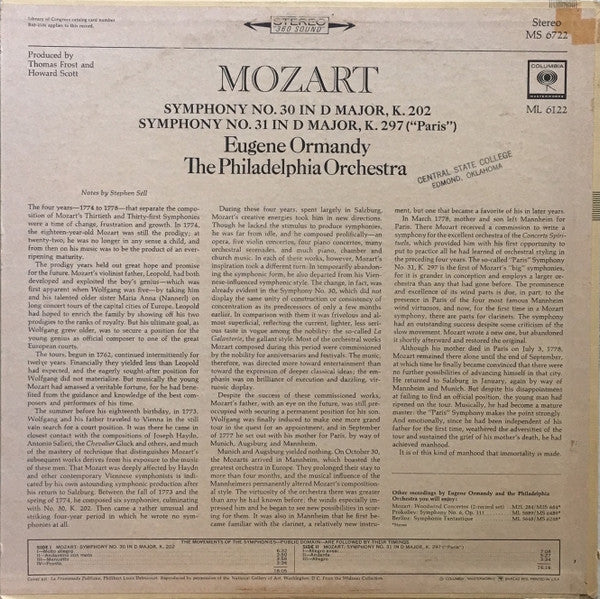 Wolfgang Amadeus Mozart - Eugene Ormandy, The Philadelphia Orchestra : Symphony No. 30 / Symphony No. 31 "Paris" (LP, Album)