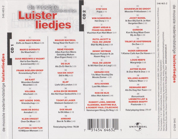 Various : De Mooiste Nederlandstalige Luisterliedjes (2xCD, Comp)