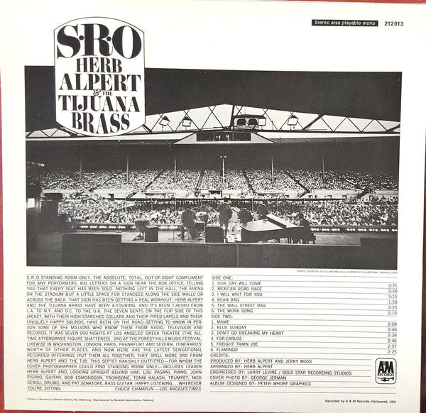 Herb Alpert & The Tijuana Brass : S.R.O. (LP, Album, RE, RP)