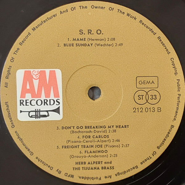 Herb Alpert & The Tijuana Brass : S.R.O. (LP, Album, RE, RP)