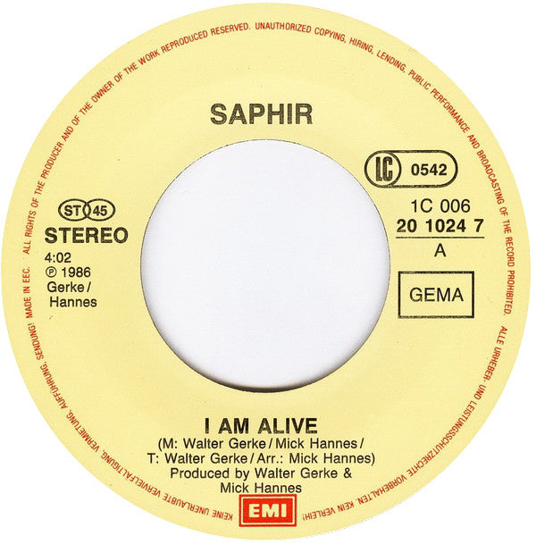 Saphir : I Am Alive (7", Single)