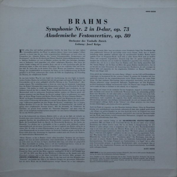 Johannes Brahms, Tonhalle-Orchester Zürich Leitung: Josef Krips : Symphonie Nr. 2 In D-dur Op. 73 / Akademische Festouvertüre (LP)