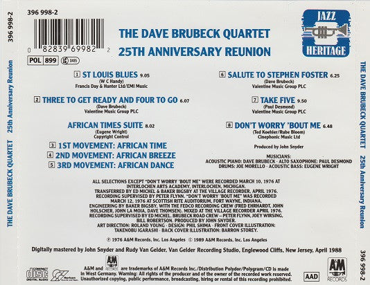 The Dave Brubeck Quartet : 25th Anniversary Reunion (CD, Album, RE)