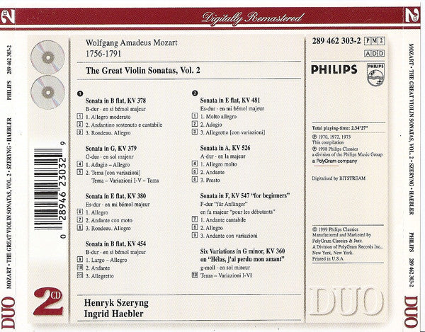 Wolfgang Amadeus Mozart - Henryk Szeryng, Ingrid Haebler : The Great Violin Sonatas, Vol. 1 (2xCD, Comp, RM)