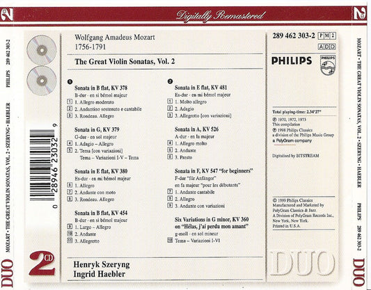 Wolfgang Amadeus Mozart - Henryk Szeryng, Ingrid Haebler : The Great Violin Sonatas, Vol. 1 (2xCD, Comp, RM)
