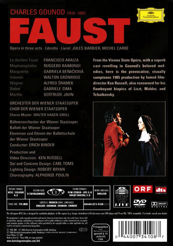 Charles Gounod - Francisco Araiza, Gabriela Beňačková, Ruggero Raimondi, Orchester Der Wiener Staatsoper, Wiener Staatsopernchor Und The Vienna State Opera Ballet, Erich Binder : Faust (2xDVD-V, Album, NTSC, Reg)