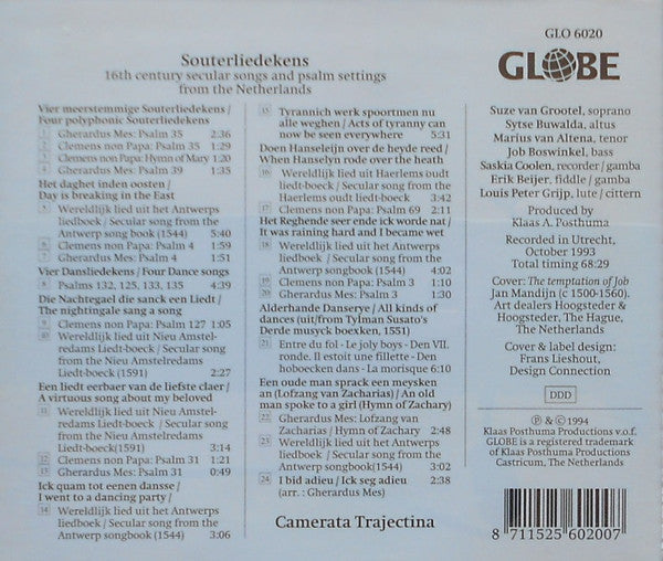 Camerata Trajectina, Clemens non Papa, Gherardus Mes : Souterliedekens - 16th Century Secular Songs And Psalm Settings From The Netherlands (CD)