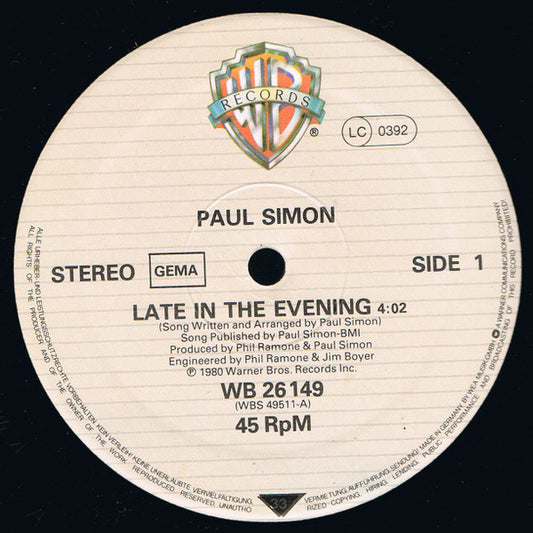 Paul Simon : Late In The Evening / How The Heart Approaches What It Yearns (12", Maxi, Ltd)