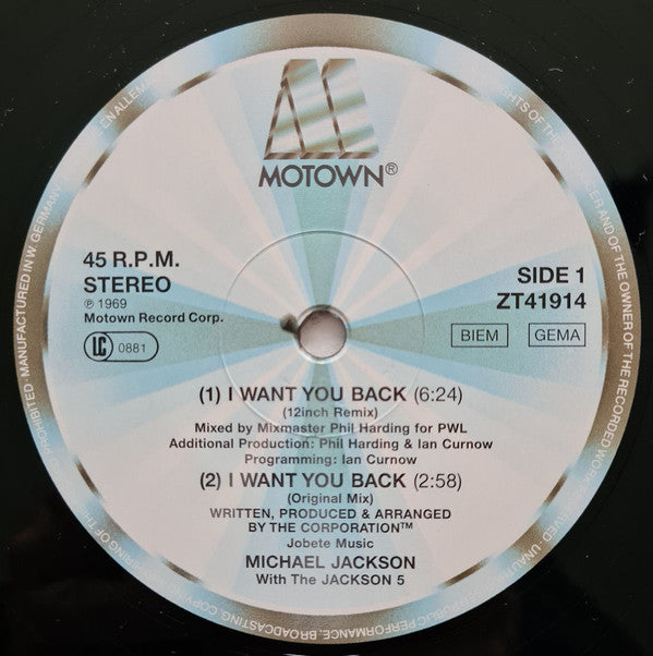 Michael Jackson With The Jackson 5 : I Want You Back - '88 Remix (12", Single)
