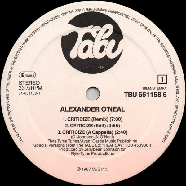 Alexander O'Neal : Criticize (Special 12" Mixes) (12", Maxi)