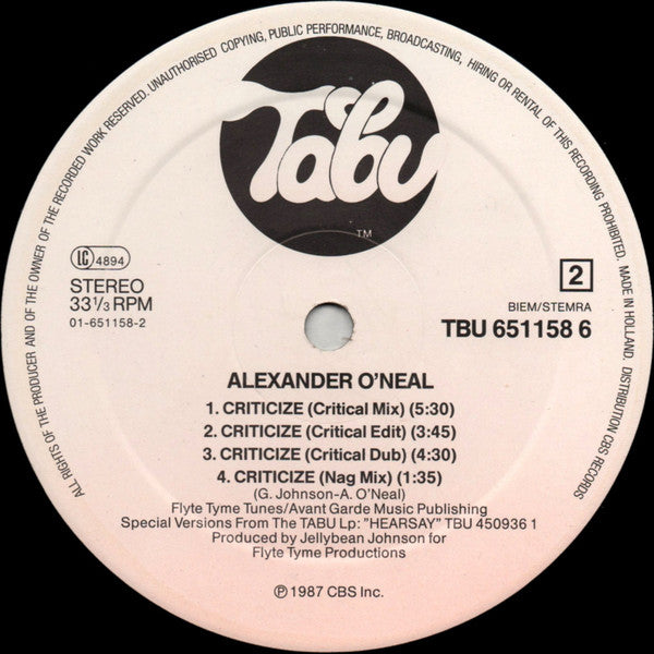 Alexander O'Neal : Criticize (Special 12" Mixes) (12", Maxi)