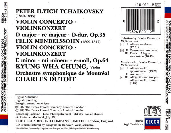 Pyotr Ilyich Tchaikovsky / Felix Mendelssohn-Bartholdy - Kyung-Wha Chung, Orchestre symphonique de Montréal, Charles Dutoit : Violin Concertos = Violinkonzerte (CD, Album, 3rd)
