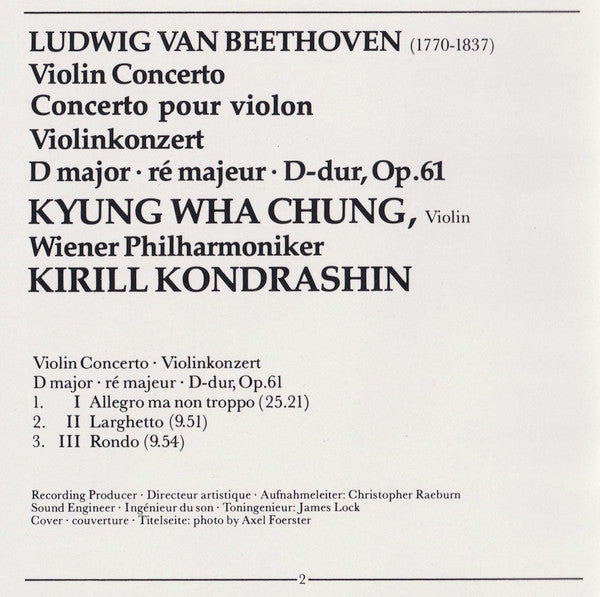 Ludwig van Beethoven - Kyung-Wha Chung, Wiener Philharmoniker, Kiril Kondrashin : Violin Concerto (CD, Album, RE)
