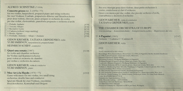 Alfred Schnittke - Gidon Kremer · Tatiana Grindenko · Yuri Smirnov · The Chamber Orchestra Of Europe · Heinrich Schiff : Kremer Plays Schnittke: Concerto Grosso No. 1 · Quasi Una Sonata · Moz-Art À La Haydn - A Paganini (CD, Comp, RM)