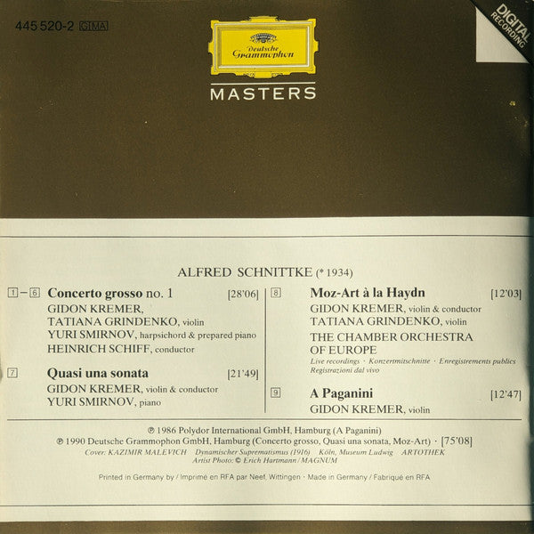 Alfred Schnittke - Gidon Kremer · Tatiana Grindenko · Yuri Smirnov · The Chamber Orchestra Of Europe · Heinrich Schiff : Kremer Plays Schnittke: Concerto Grosso No. 1 · Quasi Una Sonata · Moz-Art À La Haydn - A Paganini (CD, Comp, RM)