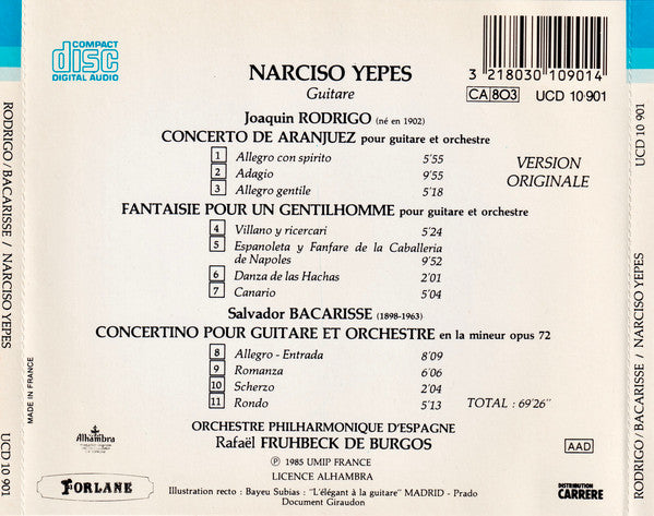 Joaquín Rodrigo · Salvador Bacarisse : Narciso Yepes, Orquesta Nacional De España, Orquesta Filarmonía de España, Ataúlfo Argenta, Rafael Frühbeck De Burgos : Concierto De Aranjuez · Fantasia Para Un Gentilhombre / Concertino Opus 72 (CD, Comp)