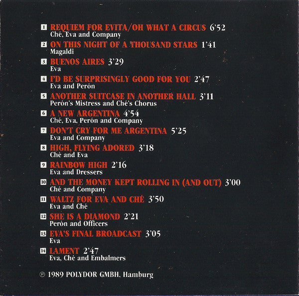 Andrew Lloyd Webber / Tim Rice Featuring Florence Lacey : Evita (Highlights Of The Original Broadway-Production For World Tour 89/90) (CD, Album)