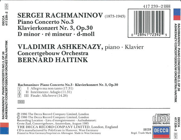 Sergei Vasilyevich Rachmaninoff / Vladimir Ashkenazy / Concertgebouworkest / Bernard Haitink : Piano Concerto No. 3 = Klavierkonzert Nr. 3 (CD, Album)