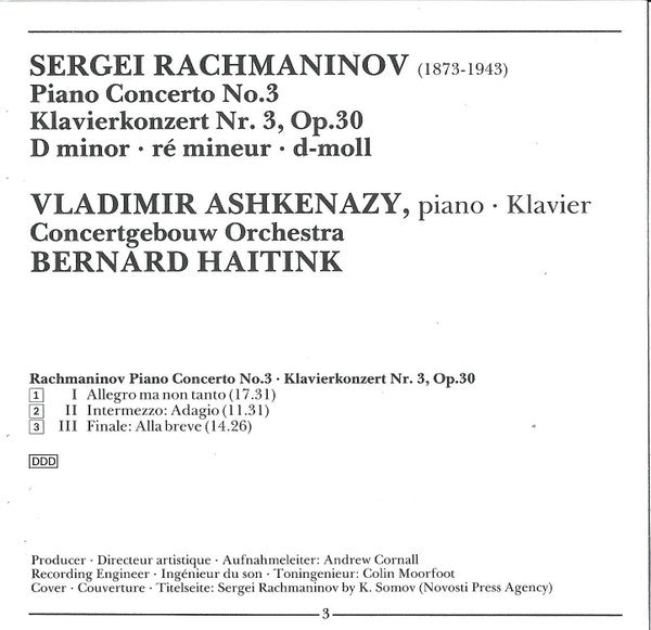 Sergei Vasilyevich Rachmaninoff / Vladimir Ashkenazy / Concertgebouworkest / Bernard Haitink : Piano Concerto No. 3 = Klavierkonzert Nr. 3 (CD, Album)