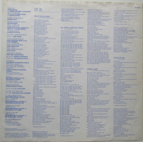 Lionel Richie : Can't Slow Down (LP, Album, RE, Gat)