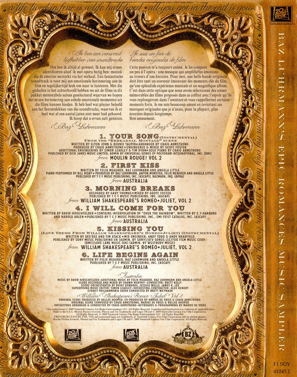 Baz Luhrmann : Baz Luhrmann's Epic Romances - Exclusive Music Sampler (DVD, Comp, Smplr)